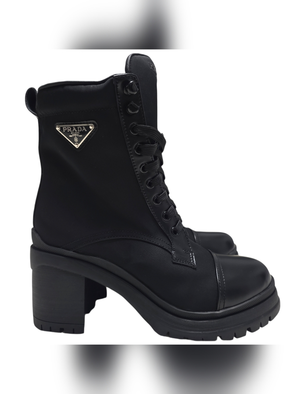 Prada Black Lace-Up Block Heel Combat Boots